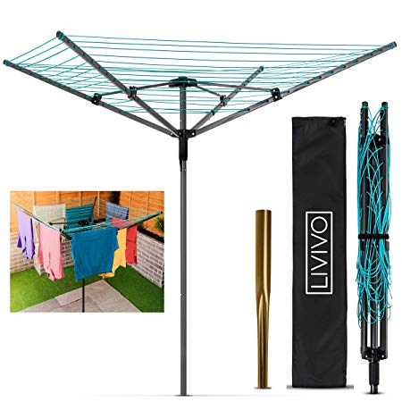 LIVIVO Heavy Duty Folding 4 Arm Rotary Garden Washing Line Clothes Airer Dryer, 45m with Cover & Metal Ground Spike Included