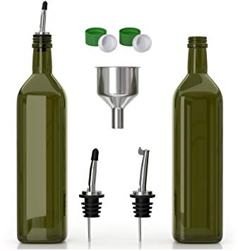 Olive Oil Dispenser -2 Pack of 17 oz. Glass Bottles and Pourer Spout Set for Kitchen - Oil & Vinegar Cruet/Decanter with Funnel - Set of Two: Use One, Have One Ready On Standby