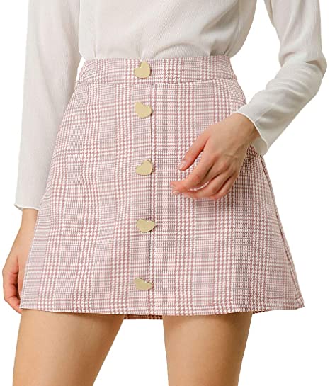 Allegra K Women's Vintage Plaids Button Decor High Waist Mini A-Line Skirt