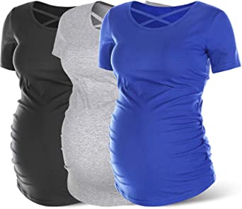 Rnxrbb Womens Short Sleeve Maternity Tops Pregnancy T-Shirt Criss Cross Casual Ruched Side Mama Clothes 3 Pack