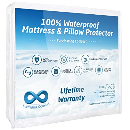 100% Waterproof Mattress Protector and 2 Free Pillow Protectors by Everlasting Comfort. Complete Set, Hypoallergenic, Breathable Membrane (Full)