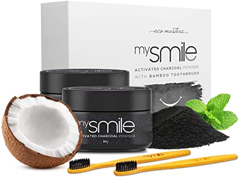 Activated Charcoal Teeth Whitening Kit - 2 x Bamboo Tooth Brush   Activated Charcoal Powder for Teeth Whitening, Natural Stain Remover, Fluoride Free Dental Care Oral Hygiene Formula with Peppermint