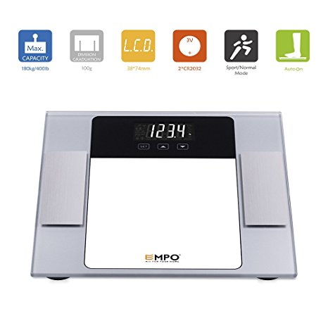 EMPO® Body Fat Bathroom Scale with Tempered Glass - LIFETIME WARRANTY - High Accuracy MemoryTrack Digital Scale - Extra-large LightOnDark digital display - Measure weight, body fat, hydration, muscle, bone mass, and daily demand of calories - Auto recognition technology of up to 10 personal profiles for shared use at home - Gift Wrap Available - Silver