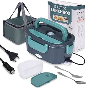 XREXS Elektrische Lunchbox, 3 In 1(12V/24V/220V) 60W 1,5L Speisenwärmer Auto, Edelstahl Lunchbox Elektrisch Brotdose/LKW Haushalt Camping, Tragbare Bento Heizung 60W Lunch Box mit Gabel, Löffel