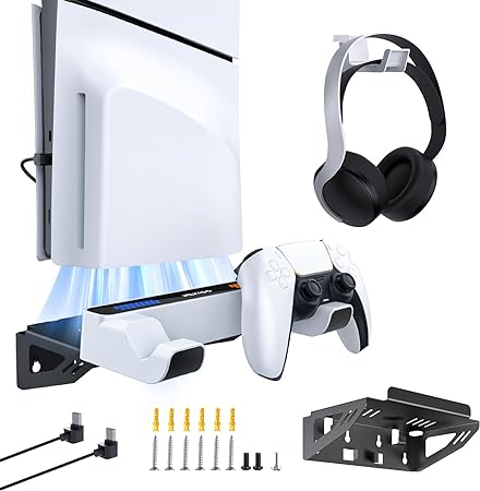 NexiGo PS5 Wall Mount Kit with Charging Station for Both PS5 and New PS5 Slim Consoles, Regular and DualSense_Edge Controllers, Stable Metal Wall Hanging Stand with LED Charging Indicator