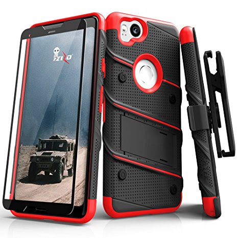 Zizo Bolt Series Google Pixel 2 Case - Tempered Glass Screen Protector with Holster and 12ft Military Grade Drop Tested (Black & Red)