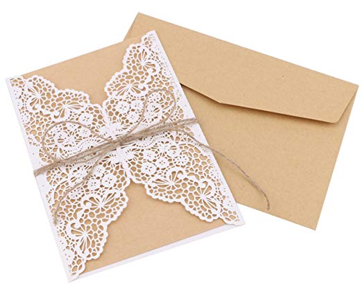 DriewWedding 20PCs Laec Wedding Party Invitation Cards, Hollow Greeting Invites Cards with Kraft Paper Inner Sheet, Envelopes & Hemp Rope Seals … (White)