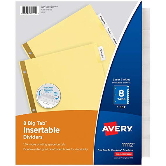 Avery 8-Tab Binder Dividers, Insertable Clear Big Tabs, 1 Set (11112)