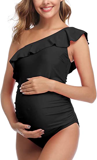 MiYang Women Maternity Swimwear One Shoulder Flounce One Piece Printing Bathing Suit