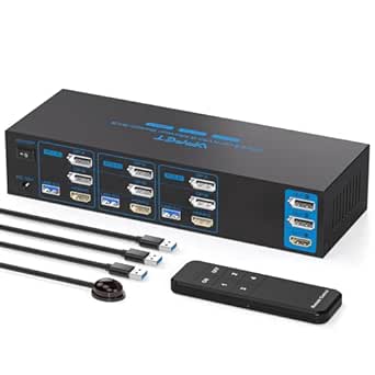 4K144Hz Displayport KVM Switch 3 Monitors 3 Computers 1 HDMI 8K30Hz KVM Switches Triple Monitor for 3 PC Share 3 Screens and 4 USB 3.0 Ports with Wireless Controller