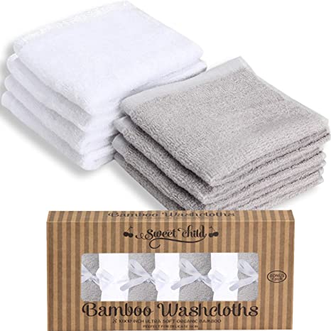 Sweet Child Grey/White Bamboo Baby Washcloths, Bonus 8 Pack, 10"x10", Premium Extra Soft Bath Wipe, Registry Gift