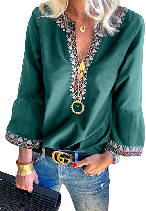 FARYSAYS Women's Boho Embroidered V Neck Long Sleeve Casual T-Shirt Tops Loose Blouse