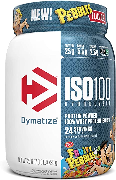 Dymatize ISO100 Hydrolyzed Protein Powder, 100% Whey Isolate Protein, 25g of Protein, 5.5g BCAAs, Gluten Free, Fast Absorbing, Easy Digesting, Fruity Pebbles, 1.6 Pound
