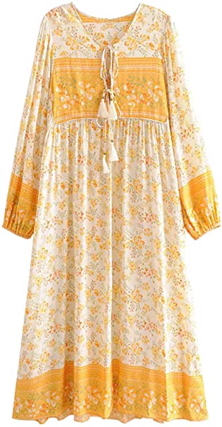 R.Vivimos Women's Long Sleeve Floral Print Retro V Neck Tassel Bohemian Midi Dresses