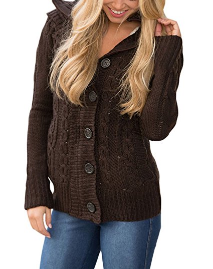 Annflat Women's Hooded Cable Knit Button Down Cardigan Fleece Sweater Coat