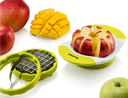 Gourmia GCU9250 3 In 1 Handle Push Cutter, Mango, Apple Slicer & Corer With Bonus French Fries Blade, 3 Stainless Steel And Interchangeable Blades, Durable BPA free food safe material