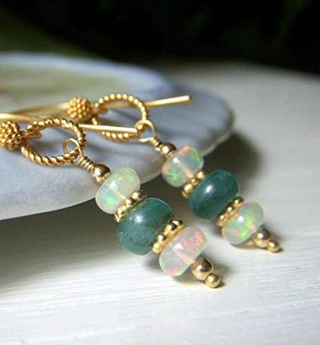 Genuine Opal Earrings - Ethiopian Opal and Apatite Gemstone - Petite Dangle - Gold Vermeil - Handmade Jewelry