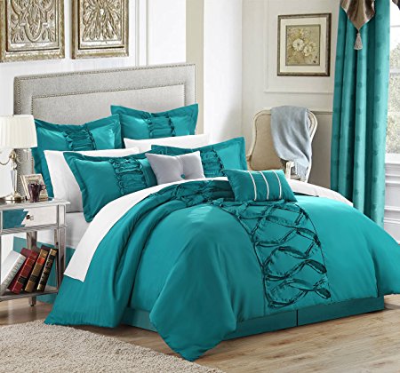 Chic Home 8-Piece Ruth Ruffled Comforter Set, Queen, Turquoise