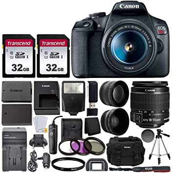 Canon EOS Rebel T7 Digital SLR Camera with EF-S 18-55mm f/3.5-5.6 is STM Lens   64GB Memory Card   Wide Angle and Telephoto Lens   Video Tripod   Extra Battery and Charger   Remote   Slave Flash