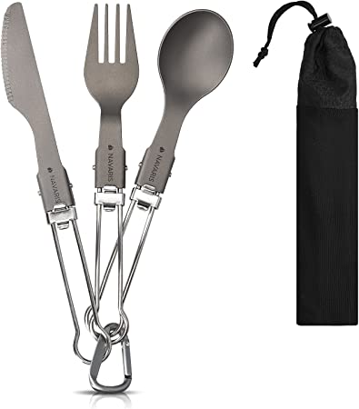 Navaris Titanium Camping Cutlery Set - Lightweight Foldable Metal Silverware for Backpacking, Hiking - Knife, Fork and Spoon with Carabiner and Bag