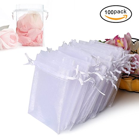 100PCS Premium Sheer Organza Bags, White Wedding Favor Bags with Drawstring, 4x4.72" Jewelry Gift Bags for Party, Jewelry, Festival, Bathroom Soaps, Makeup Organza Favor Bags