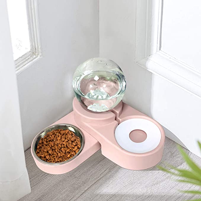 2 in1 Automatic Water Dispenser Pet Bowls Set, Durable & Detachable Stainless Steel Feeder Bowl, No-Spill Dog Water Bottle & Dish for Cats & Dogs Pink