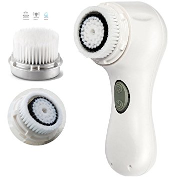 PleasingCare Sonic Rechargeable Skin Care Facial Cleansing Brush, 1 Classic   1 LUXE Cashmere Cleansing Brush Heads, Face Cleaning Brush Beauty Machine (White - 2 Brush Heads)