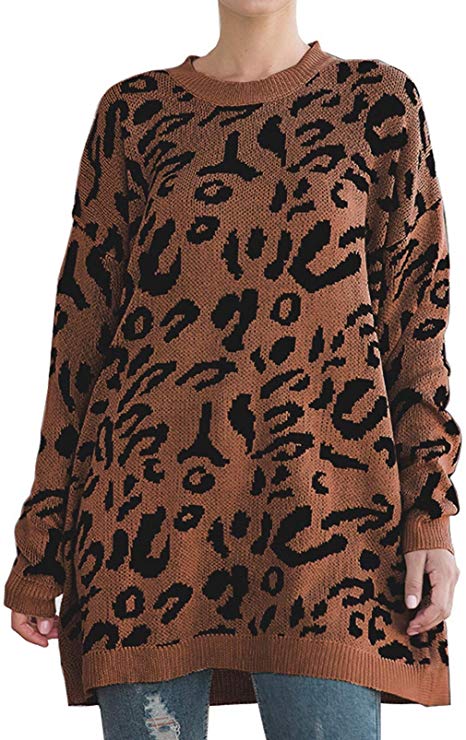 Rdfmy Women's Casual Leopard Print Sweaters Long Sleeve Knitted Loose Pullover Sweatshirts Tops