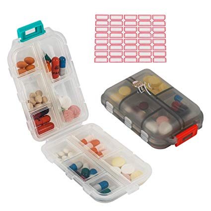 Bidear Travel Pill Case, 2 Pack Portable Tablet Medicine Vitamin Pill Organizer Box for Purse or Pocket, 10 Compartments (Gray White)