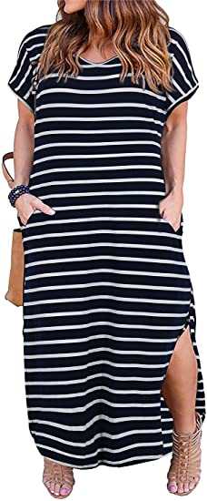 Nemidor Women's Casual Loose Pocket Long Dress Short Sleeve Plus Size Slit Maxi Dress