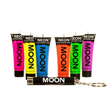 Moon Glow - Intense Neon Blacklight UV Face & Body Paint - 12ml / 0.42oz Set of 6 - includes UV Keyring