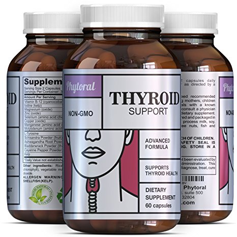Natural Thyroid Support Complex – Pure Vegetarian Supplement Blend - Iodine Selenium   Zinc – Best Hormone Activator Capsules for Weight Loss   Energy   Metabolism   Brain Boost Pills – Phytoral