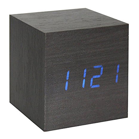 ONEVER Cube Walnut Click Clock Digital LED Desk Alarm Clock Voice Control Thermometer Timer Calendar (Black)