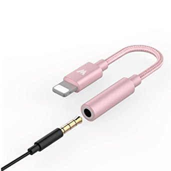 Lightning to 3.5mm Headphone Jack Adapter for iPhone 7 7 Plus, Lightning to 3.5mm Female Audio Earphone Braided Cable Connector - Pink