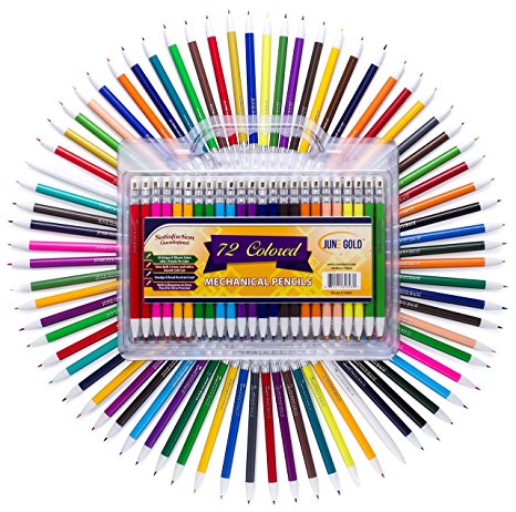 June Gold 72 Colored Mechanical Pencils, 2.0 mm Lead, Extra Bold & 90 mm Tall, 36 Unique Colors, Built in Sharpeners, Convenient Folding Carrying Case