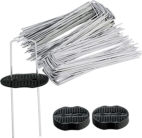 100 pcs 6 inch U-Shaped Landscape Staples and 10 pcs Fixing Gasket Sets, Garden Landscape Staples are Suitable for Outdoor Irrigation Hoses, Artificial Turf Nails, Fixed Fences and Tents, etc.