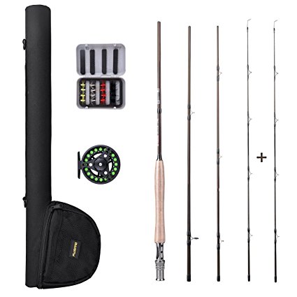 PLUSINNO Lightweight Ultra Portable Fly Fishing Rod and Reel Graphite Pole with Toray Carbon Fiber Blanks and Chromed Stainless Steel Snake Guides 4-Piece with Rod Case (5-6#)