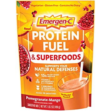 Emergen-C Protein Powder Fuel & Superfoods (16 Servings, Pomegranate Mango Flavor) Plant-Based & Vegetarian Shake Mix with Organic Superfoods, Vitamin C & Other Antioxidants