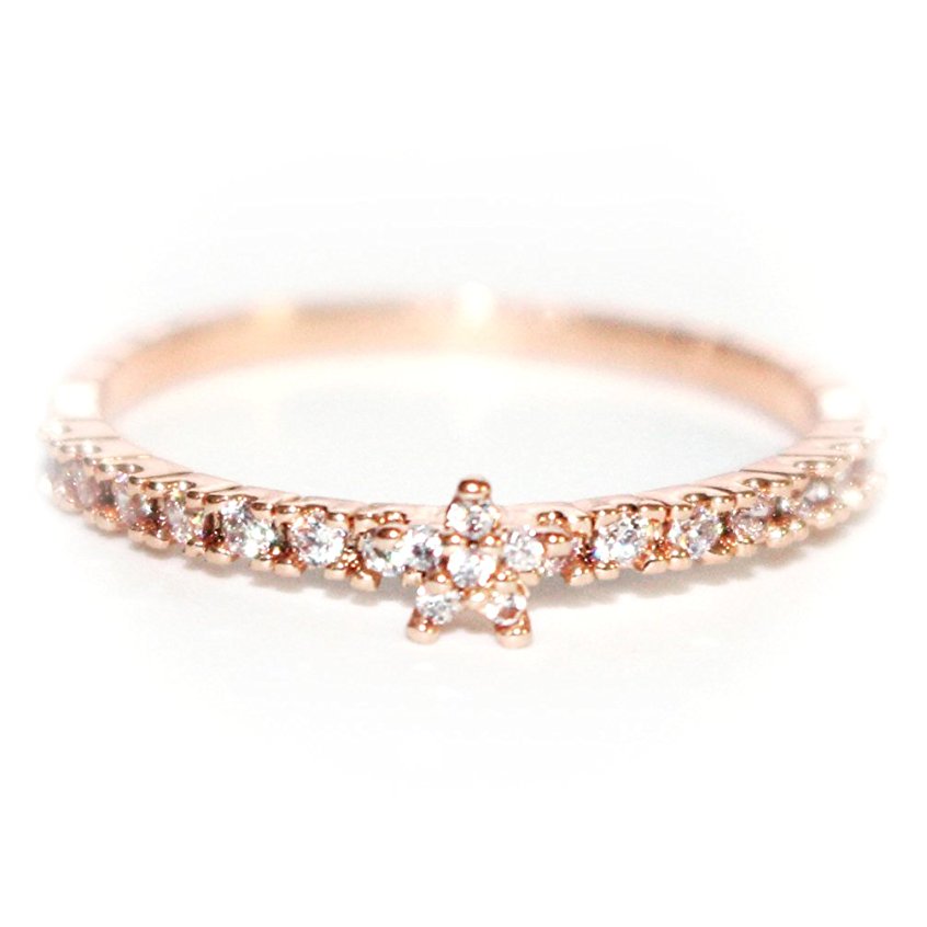 18K Dainty and Delicate CZ Flower on Pave Band Ring - Rose Gold / White Gold Plated (Size 3-9)