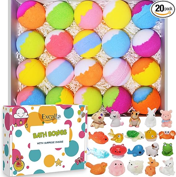 Bath Bombs for Kids with Surprise Toys Inside, 20 Pack Kids Bath Bombs Gift Set for Halloween Xmas Birthday Party Favors, Bubble Bath Fizzies with Bath Toy, Handmade Bath Fizz Balls Kit for Boys Girls