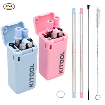 Upgraded Eco Friendly Collapsible Reusable Drinking Straws, KITOOL 2 Pack Stainless Steel Food-Grade Folding Drinking Straws Keychain Portable Set with Case Holder & Cleaning Brush – Blue&Hot Pink