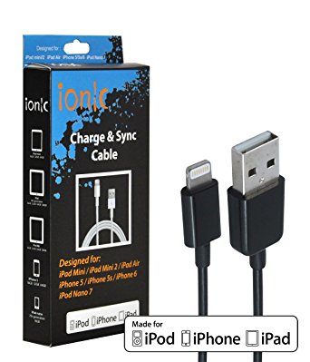 Ionic USB Lightning Data Cable For Apple iPad Pro / iPad Mini 4/ iPhone 6 / iPhone 6 Plus / iPhone 6S / iPhone 6S Plus 2015 Smartphone (Black) [Made For iPhone Certificate]