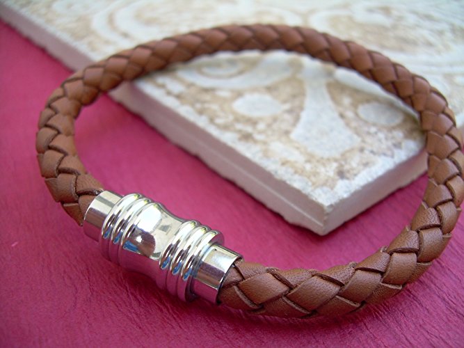 Mens Saddle Brown Braided Leather Bracelet with Stainless Steel Magnetic Clasp, Mens Jewelry, Mens Bracelet, Leather Bracelet, Saddle, Bracelet, Braided