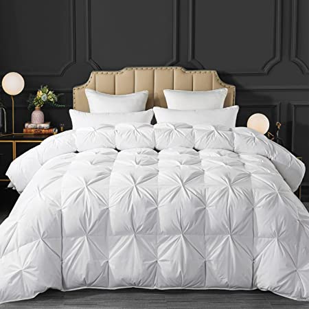 Cosybay Pinch Pleat Cotton White Goose Down Feather Comforter Filled with Feather & Down – Pintuck Heavyweight Duvet Insert or Stand-Alone Comforter for Winter Extra Warm – Queen Size (90x90 Inch)