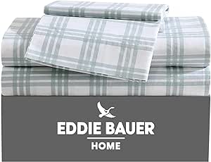 Eddie Bauer - Twin Sheets, Cotton Percale Bedding Set, Crisp & Cool Home Decor (Light Green Plaid, Twin)