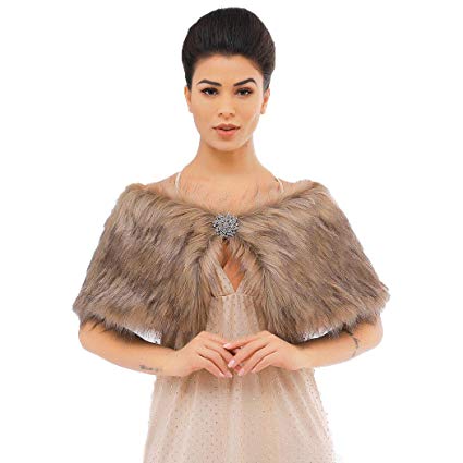 Victray Women's Faux Fur Shawl Sleeveless Wedding Fur Wraps Fur Stole Winter Cover Up Accessories for Bride and Bridesmaid (Brown)