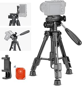 NEEWER Basic Mini Desk Tripod for iPhone & Camera with 3 Way Pan Tilt Head, Handle & Remote, Metal Portable Table Top Video Phone Tripod with 1/4" Plate for DSLR Camera Camcorder, Max Load 13lb, TP02