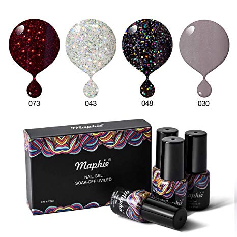 MAPHIE Glitter Gel Nail Polish Sets, Popular Red Silver Black Glitter Collection, Soak Off Colour Gel Varnish Need UV LED Lamp 4PCS 6ML