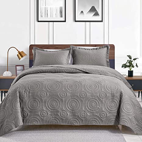 Love's cabin Quilts for Queen Bed Gray Bedspreads - Soft Bed Summer Quilt Lightweight Microfiber Bedspread- Modern Style Circle Pattern Coverlet for All Season - 3 Piece (1 Quilt, 2 Pillow Shams)