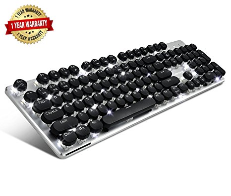 Mechanical Gaming Keyboard,JBonest 104 Keys Anti Ghosting Blue Switch Backlit Keyboard Typewriter Retro Style with Metal Base and Round Keycaps for PC and Mac